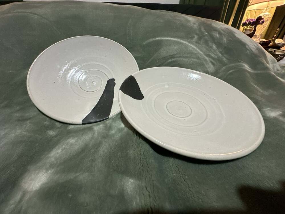 Nathan Meier Ceramic Dinner Plates Set of 2 White Black Glaze Pottery Artisan